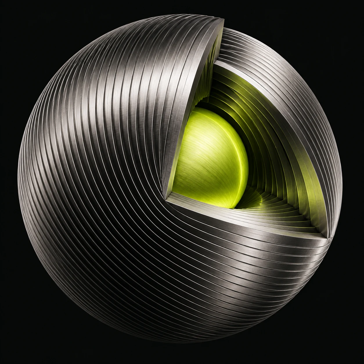 A layered titanium sphere opened to reveal a bright green core.
